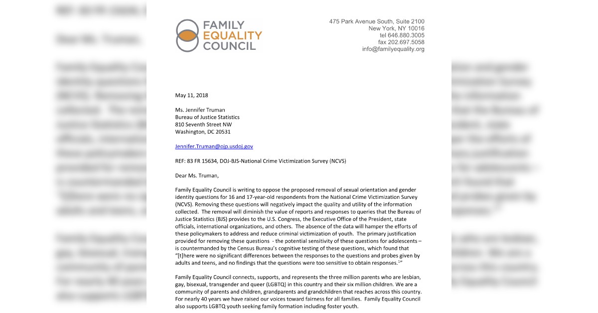 FAMILY EQUALITY COUNCIL TELLS JUSTICE DEPARTMENT: DON’T ERASE LGBTQ YOUTH FROM RESEARCH ON VIOLENCE
