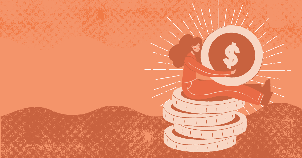 Illustration of a woman sitting on a pile of coins and holding one up over an orange wavy background