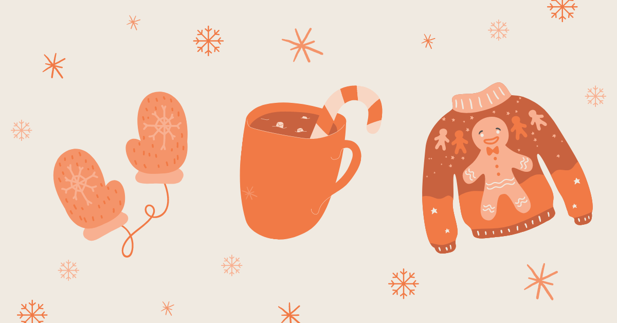 Illustrations of mittens, hot cocoa, and a sweater with snow falling.