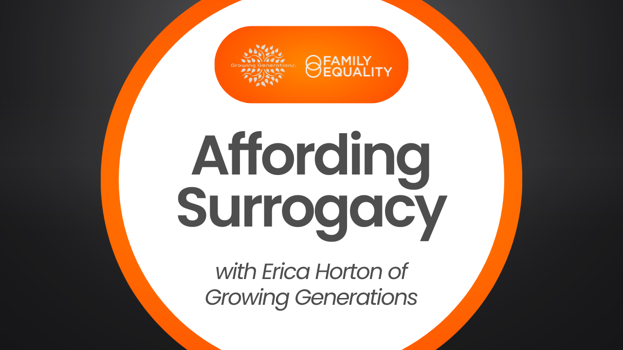 Text that reads, "Affording Surrogacy with Erica Horton of Growing Generations."