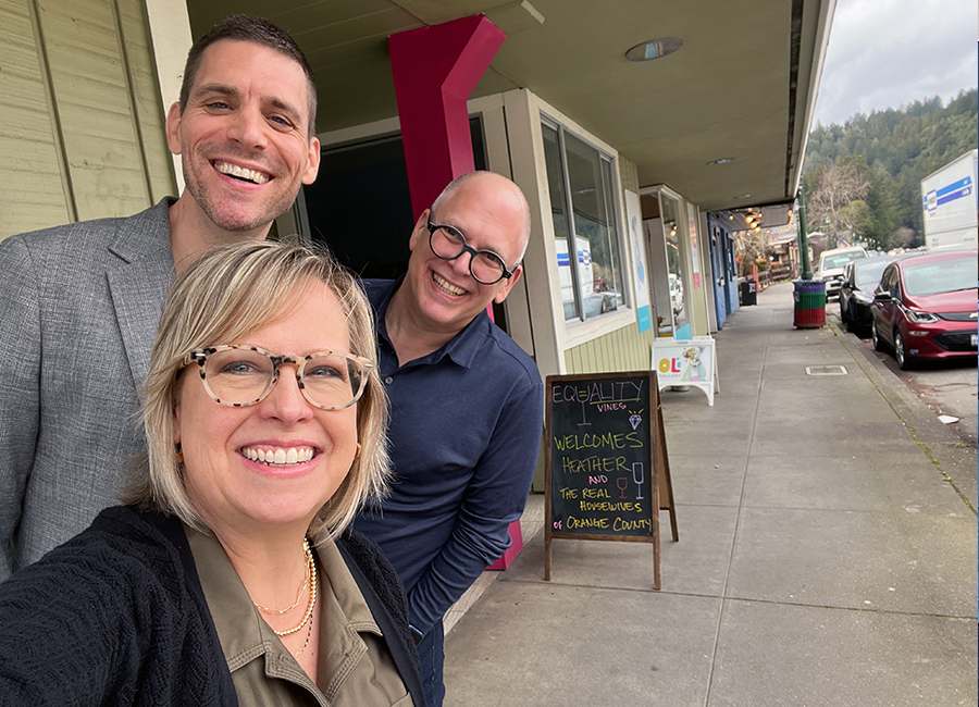 Matthew Ramsey, Tonya Agnew, and Jim Obergefell waiting outside Equality Vines before the wine-tasting event and filming