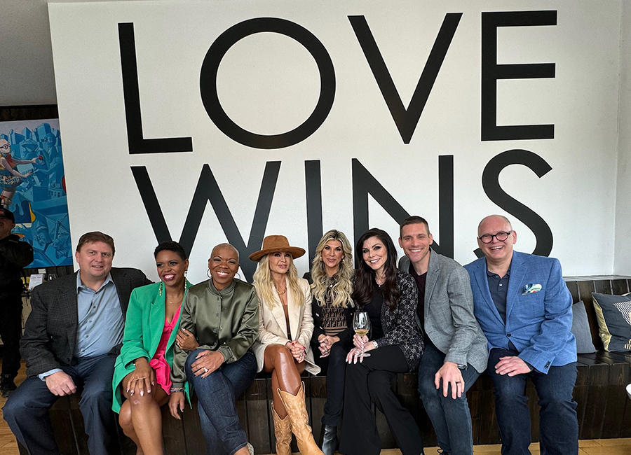 Matt Grove, Cheralyn Stevenson, Jaymes Black, Tamra Judge, Alexis Bellino, Heather Dubrow, Matthew Ramsey, and Jim Obergefell at the wine-tasting event hosted at Equality Vines' tasting room