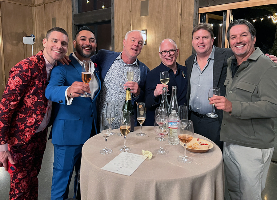 Matthew Ramsey, Manveer Sandhu (Rack & Riddle's Executive Director of Winemaking), Dan Hackett (Spicy Vines' Winemaker Jim Obergefell (Co-founder of Equality Vines and Family Equality Board Member), Matt Grove (Co-founder of Equality Vines), and Mike Walsh (left to right) at Heather's Family Equality fundraising event