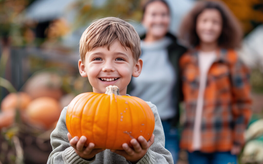 child with pumpkin in foreground with 2 moms blurred in the background