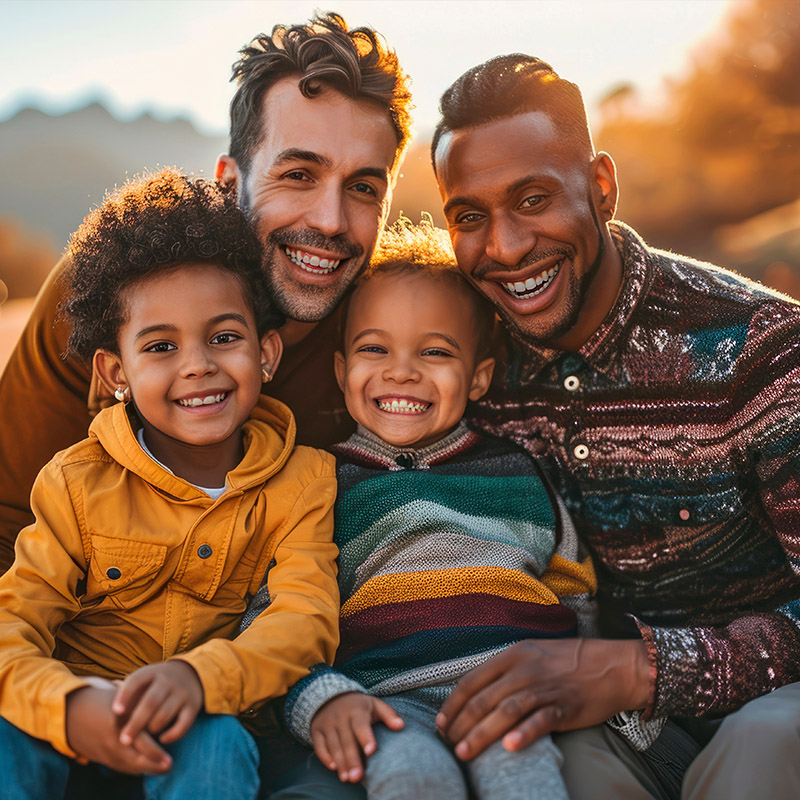 Two-dad family with children outside in the fall