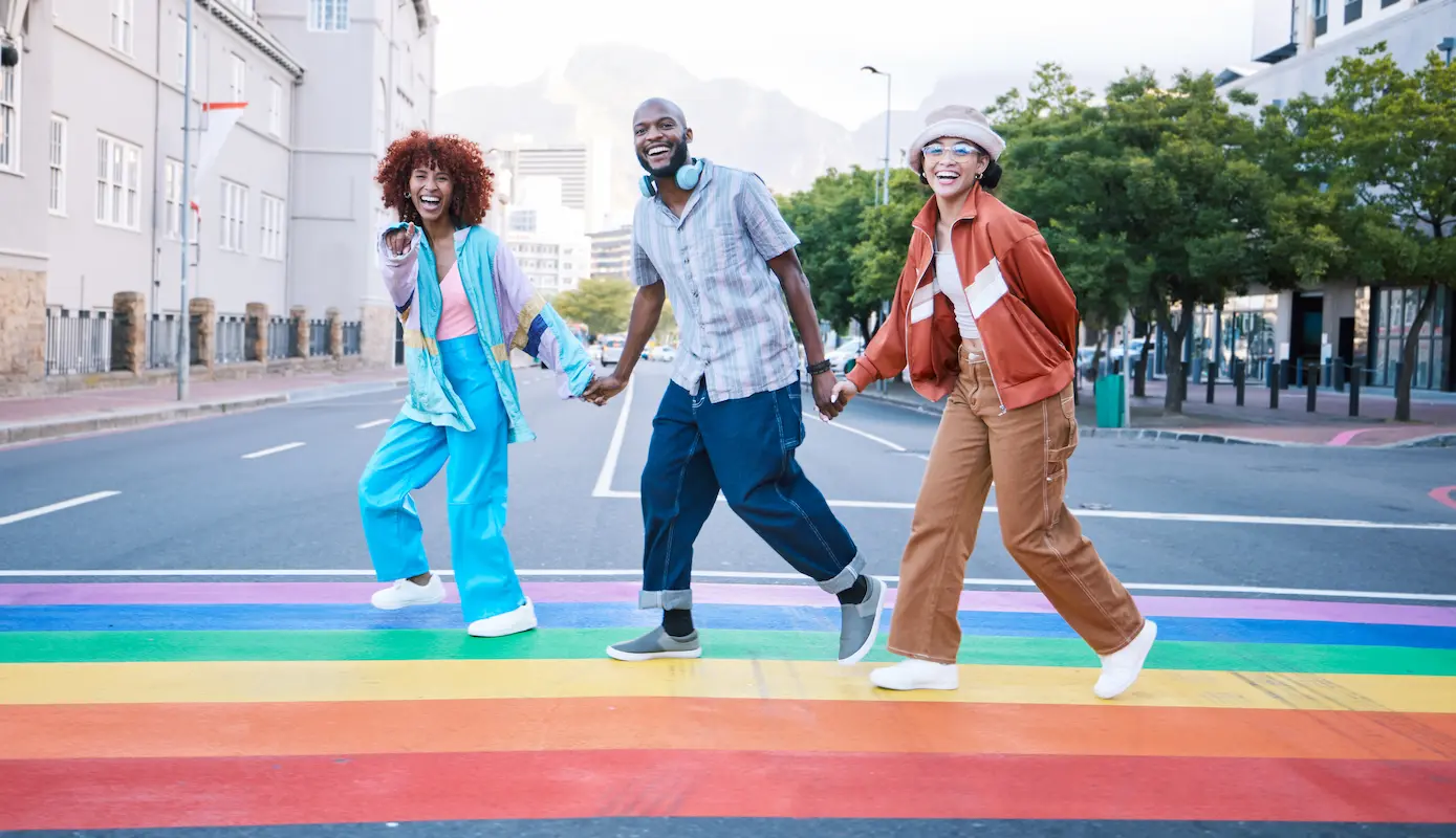People in rainbow crosswalk